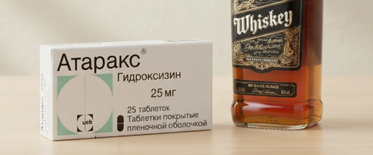 Пачка атаракса рядом с алкоголем